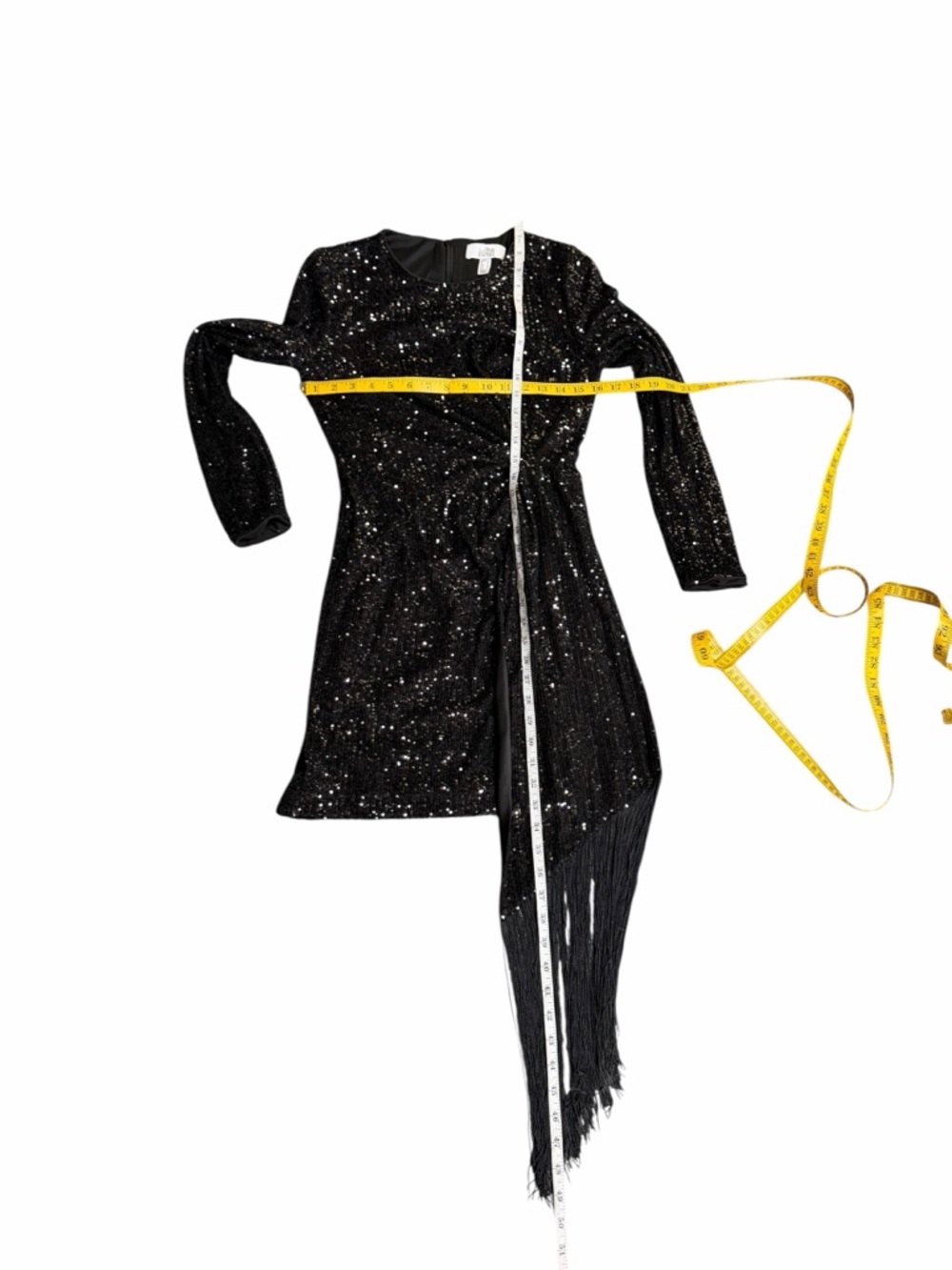 Belle Badgley Mischka Black Sequin Long Sleeve Harley Fringe Cocktail Dress Sz 2 - Picture 6 of 9
